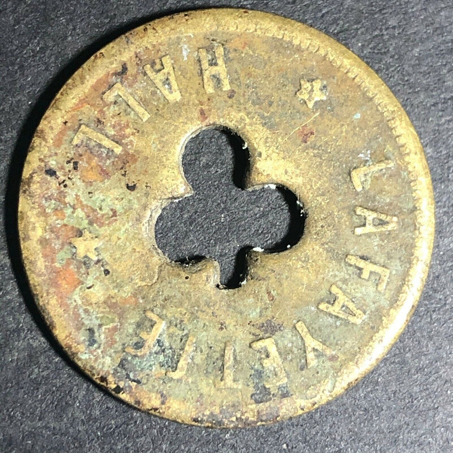 24.5mm Brass Lafayette Hall (Saloon Sacramento, CA) Token Clover Shamrock (#24)