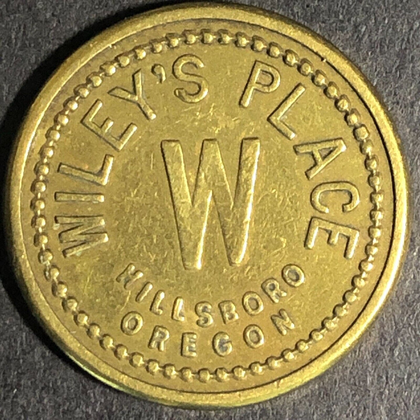 Wiley's Place -- Hillsboro Oregon G/F 5c Brass Trade Token "W" - 21mm