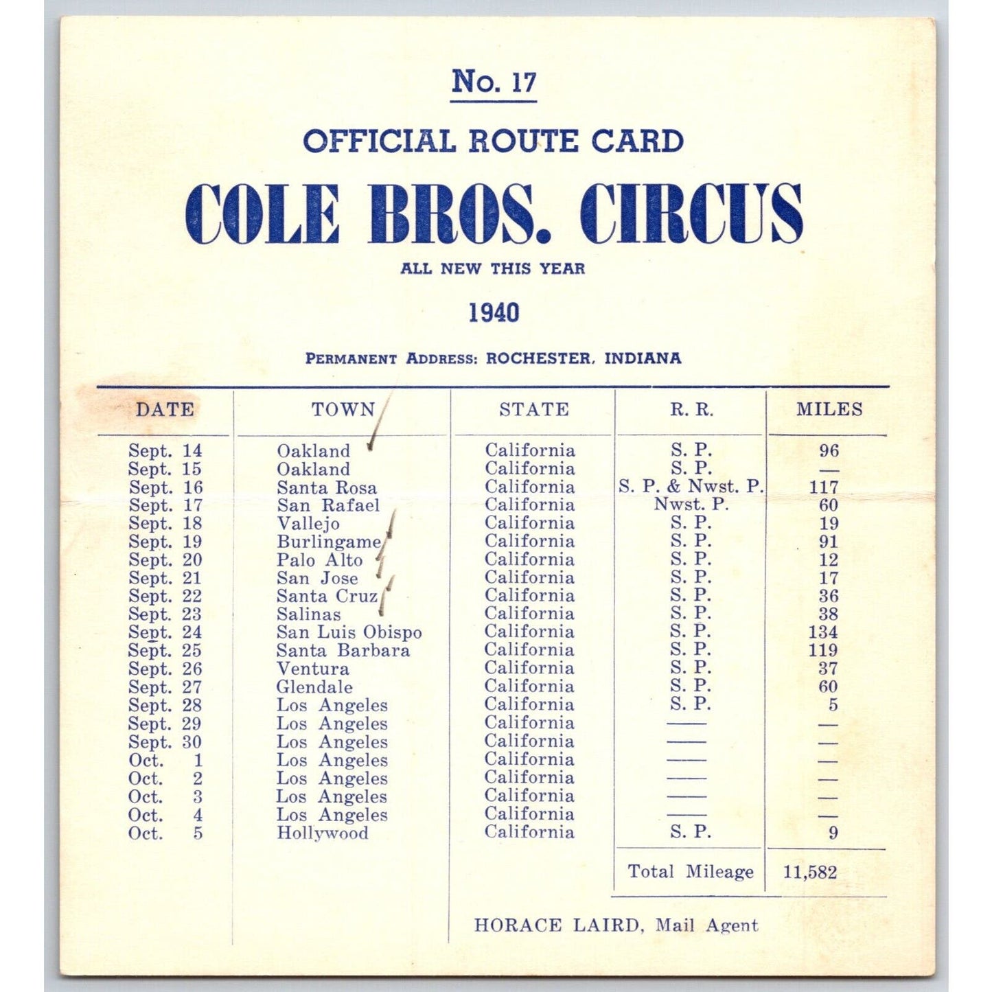 1940 Cole Bros Circus Route Card Several California Stops