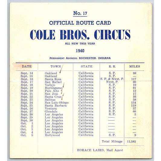 1940 Cole Bros Circus Route Card Several California Stops