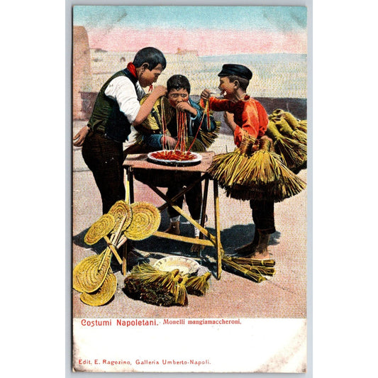 Italian Postcard Fan and Broom Sellers Eating Macaroni w/ Hands c1901-1907