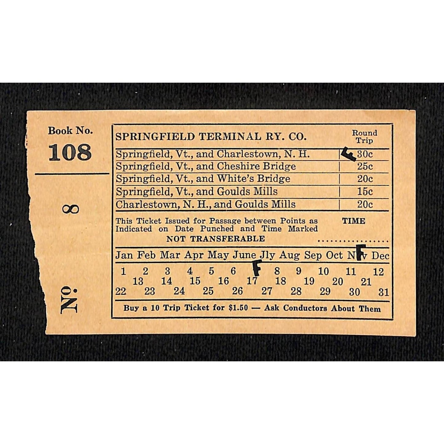Springfield Terminal Railway Ticket Vermont c1945 Book 108 #8 Very Scarce
