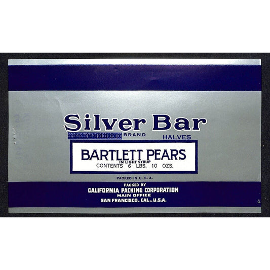 1946 Paper Can Label Silver Bar Brand Bartlett Pears - California Packing