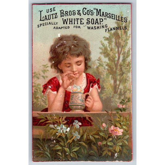 Lautz Bros. & Co. White Soap Victorian Trade Card Girl Sips From Straw Outdoors