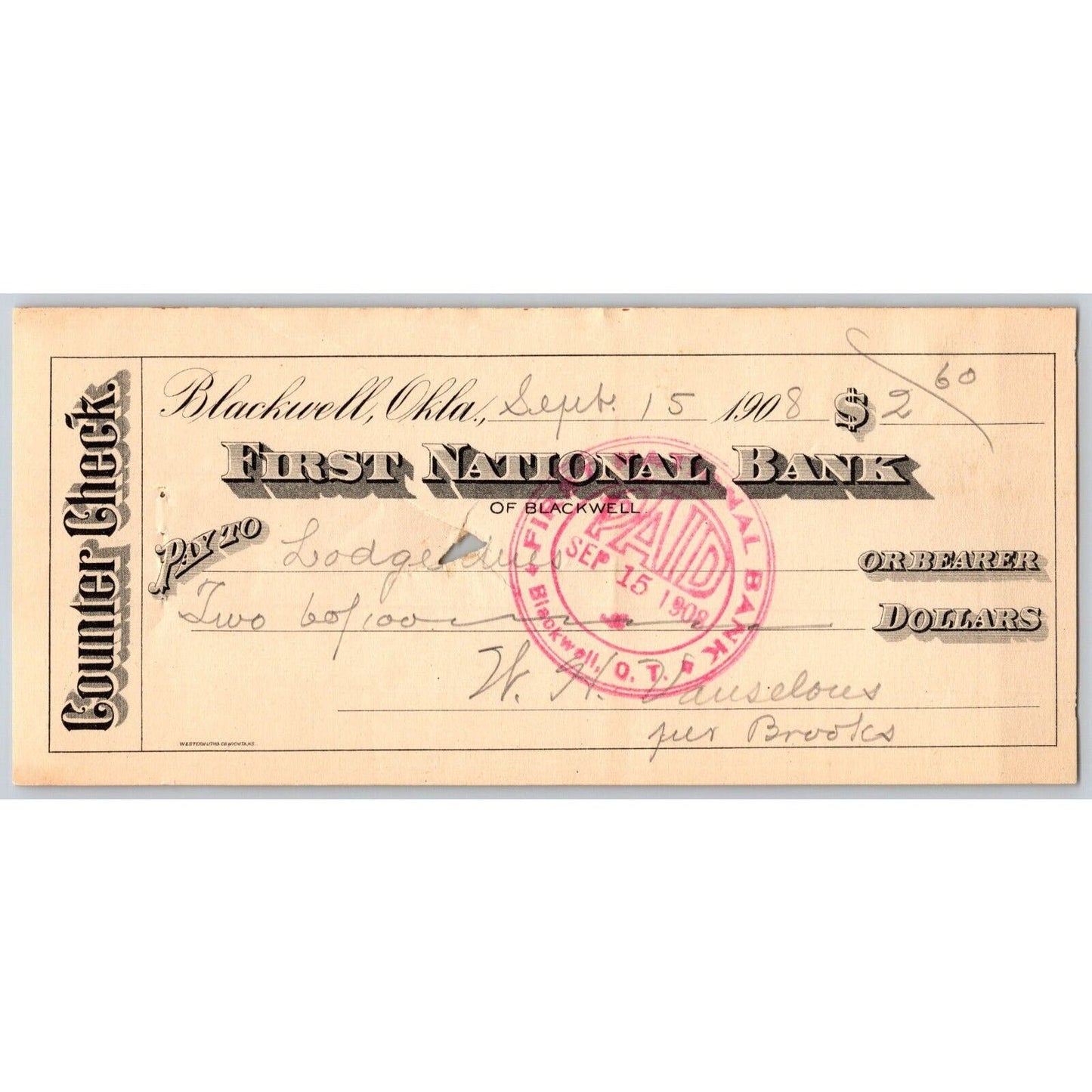 Blackwell OK 1908 FNB Check Scarce