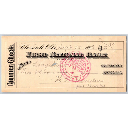 Blackwell OK 1908 FNB Check Scarce
