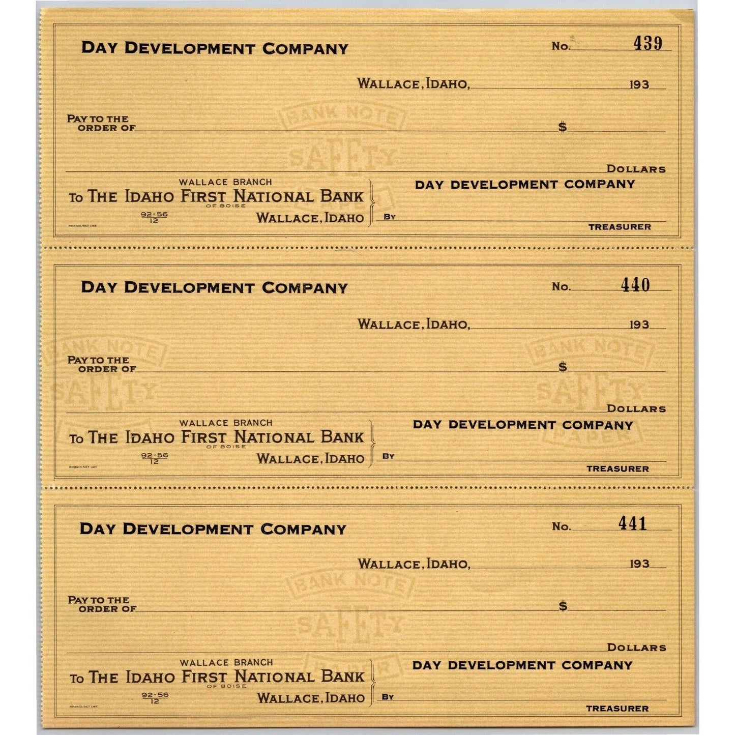 Day Development Company Wallace, ID (Mining Exploration) Bank Check Sheet 1930's