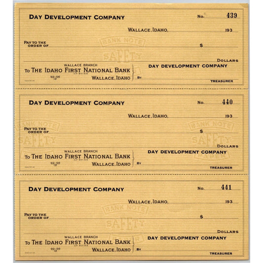 Day Development Company Wallace, ID (Mining Exploration) Bank Check Sheet 1930's