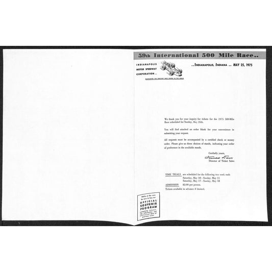 1975 Indy 500 Indianapolis IMS Unused Ticket Info Order Form Sheet w/ Map Scarce