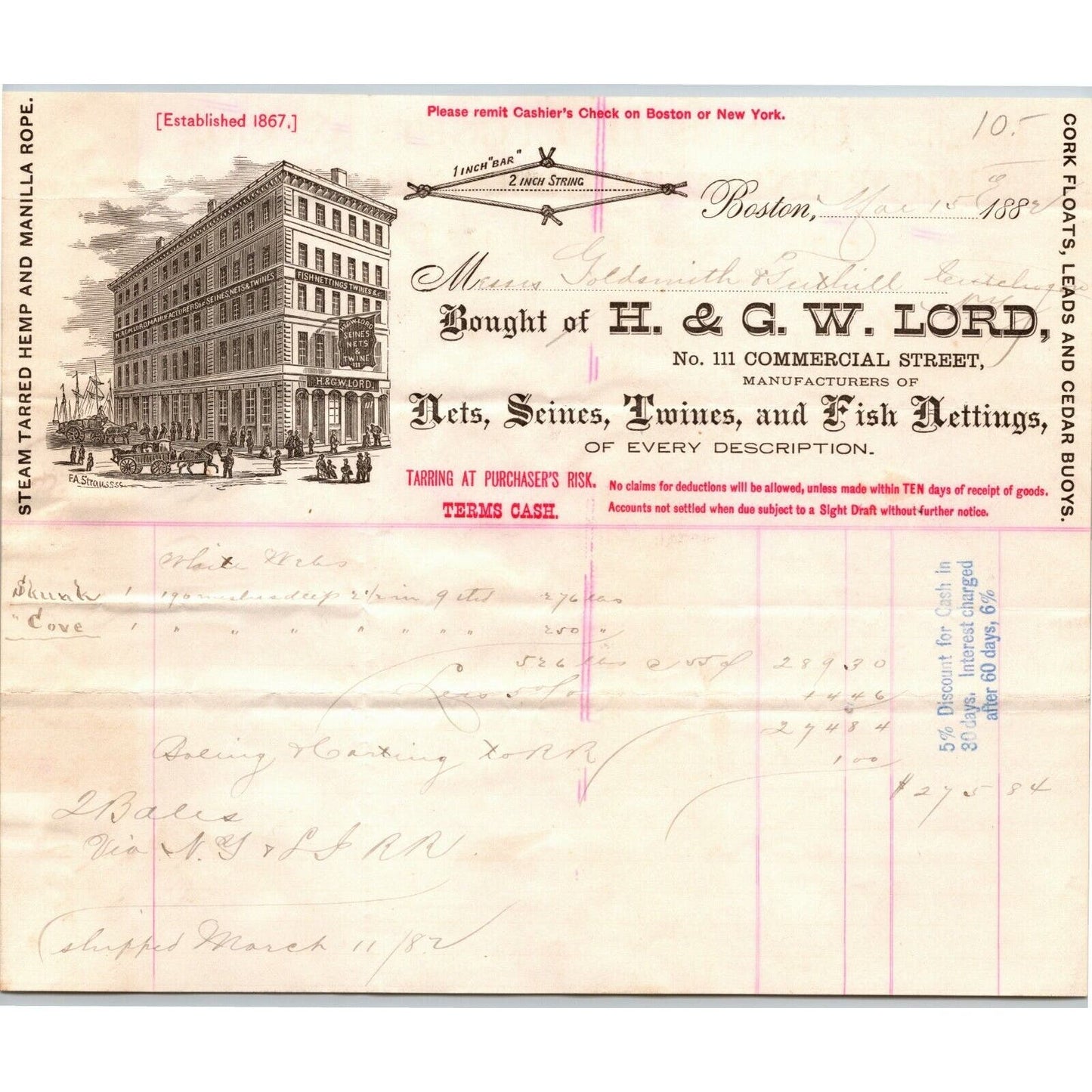 Boston, MA Billhead Letterhead 1882 H. & G. W. Lord - Fish Nets Twines Seines