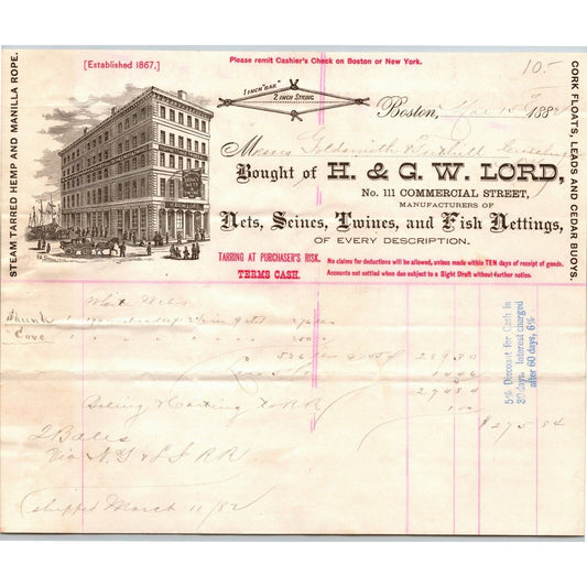 Boston, MA Billhead Letterhead 1882 H. & G. W. Lord - Fish Nets Twines Seines