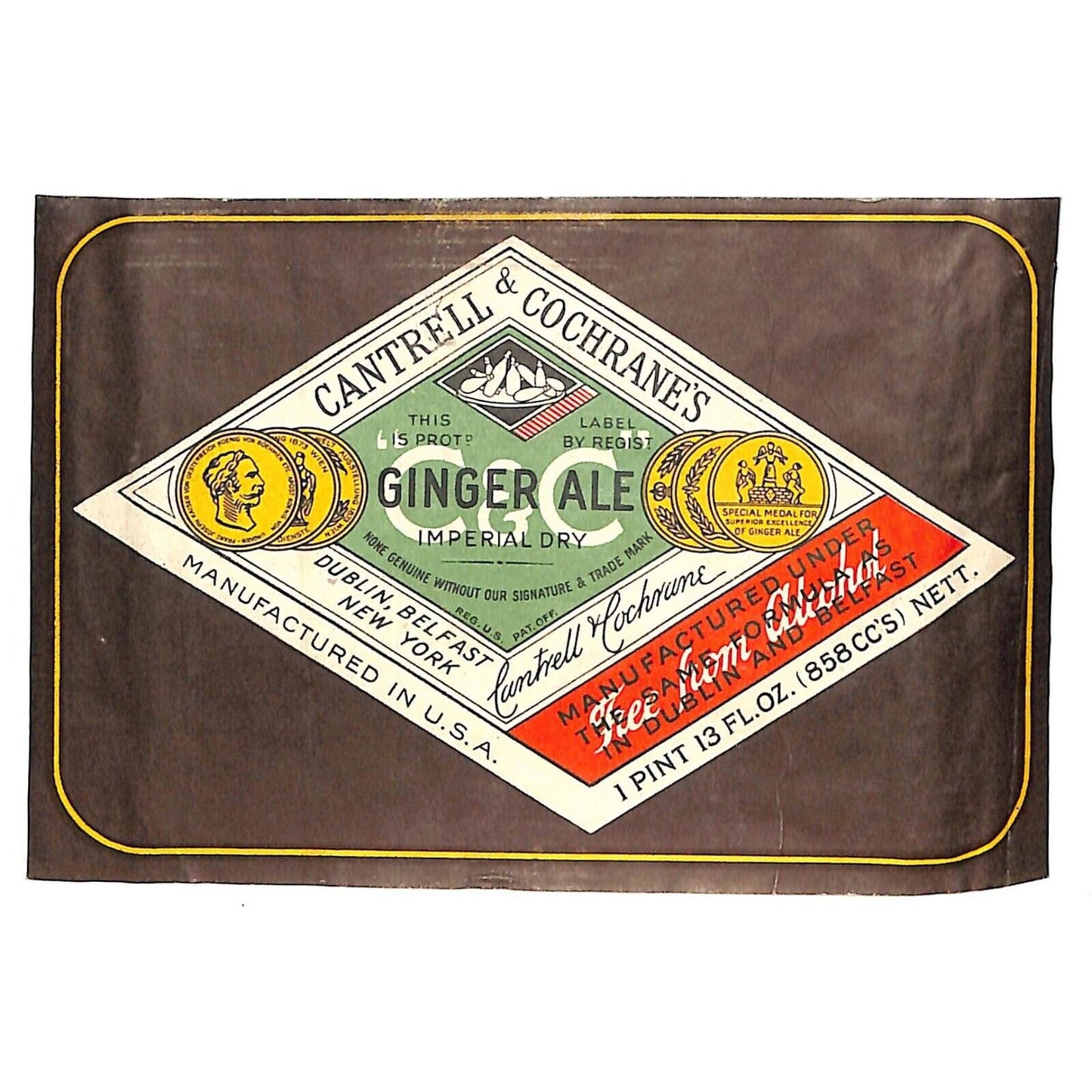 Cantrell & Cochrane's Ginger Ale Paper Soda Label c1940's-50's Used