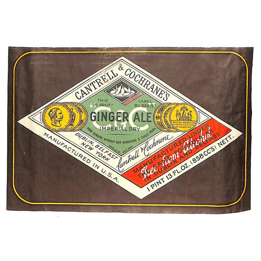 Cantrell & Cochrane's Ginger Ale Paper Soda Label c1940's-50's Used