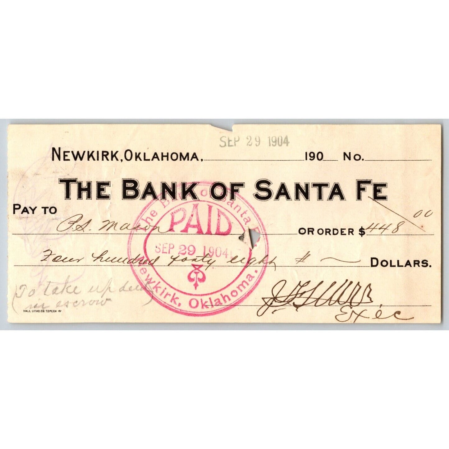 Newkirk, Oklahoma Territory 1904 $448 "Bank of Santa Fe" Check - Scarce