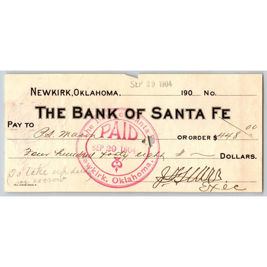 Newkirk, Oklahoma Territory 1904 $448 "Bank of Santa Fe" Check - Scarce