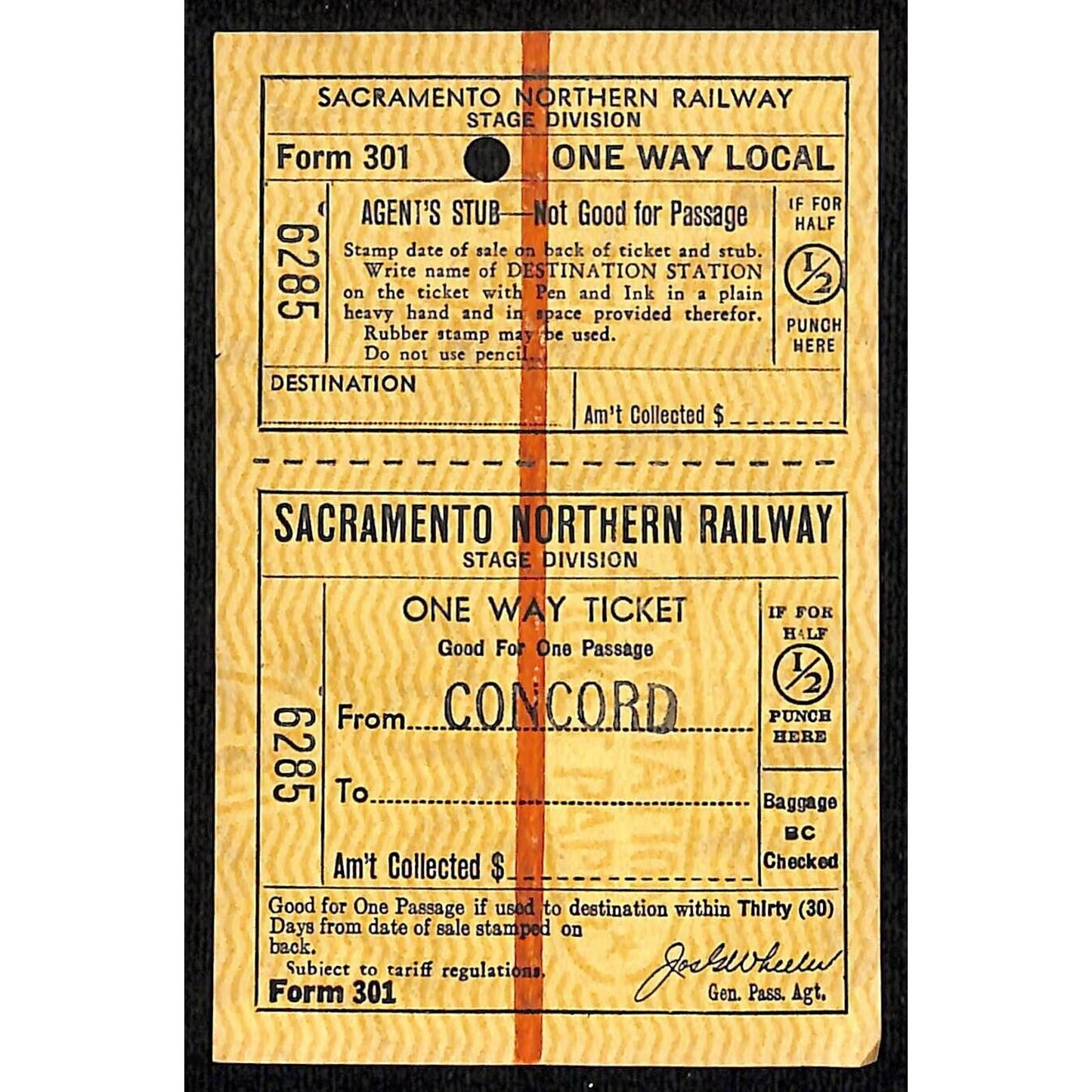 Sacramento Northern Railway - Stage Division Unused Ticket #6285
