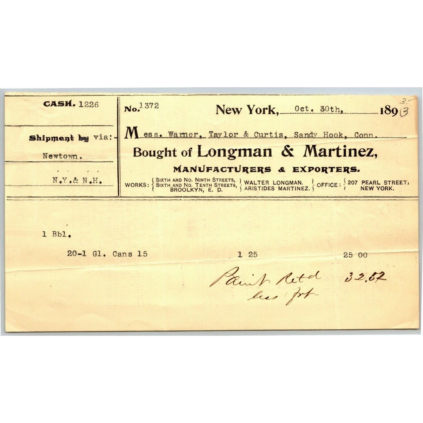 Longman & Martinez NY, NY to Glover, Warner & Clarke Sandy Hook Letterhead 1893