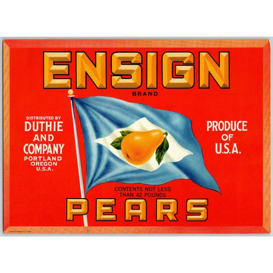 Ensign Brand Pears Vintage Original Paper Fruit Crate Label Duthie Portland Blue