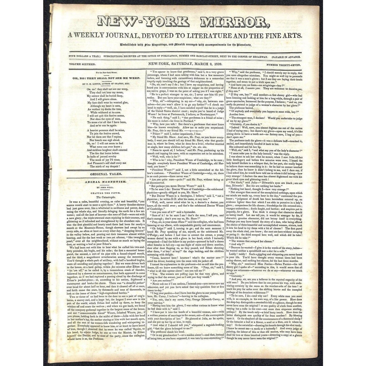 New-York Mirror Weekly Journal Literature Fine Arts Newspaper 3/9/1839