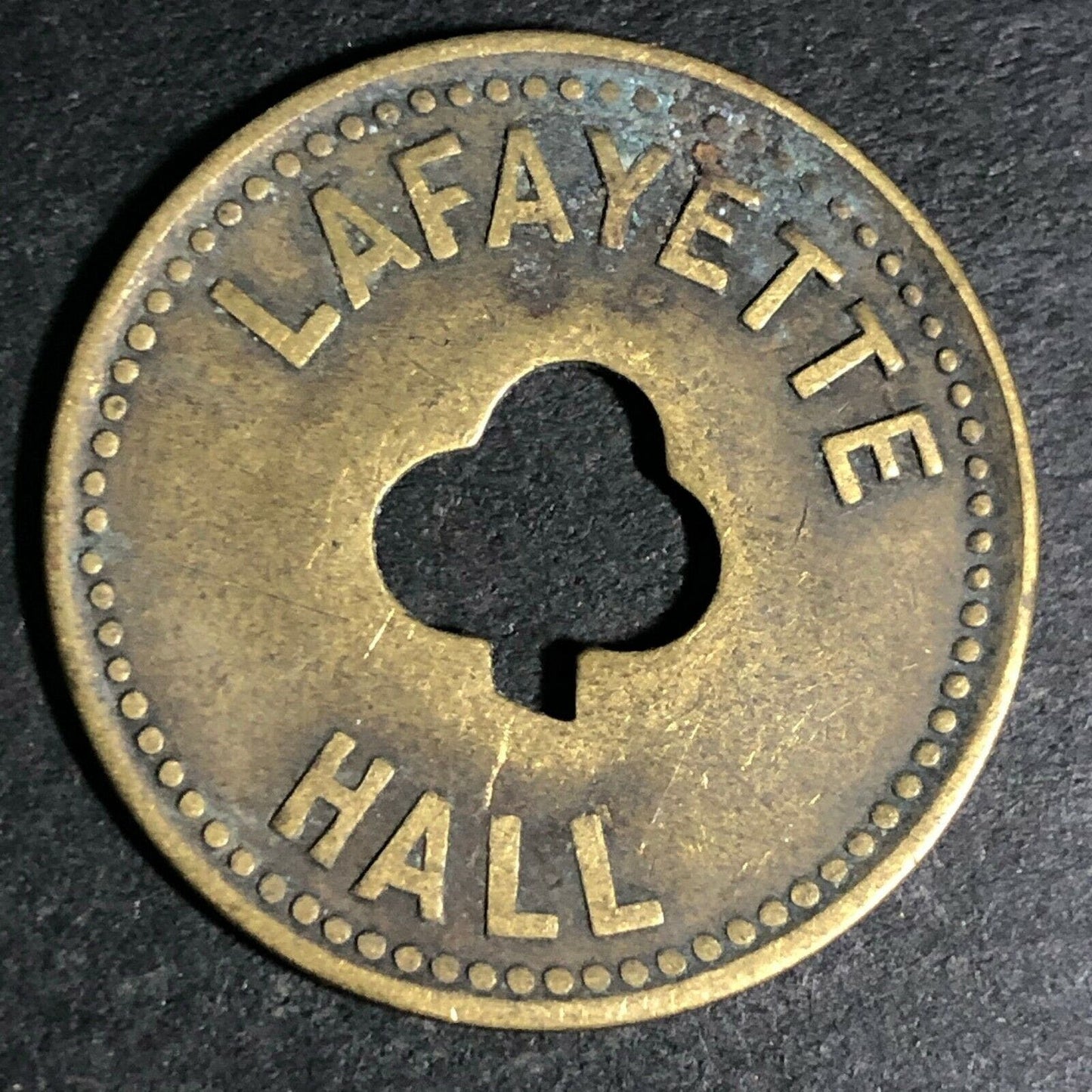 24.5mm Brass Lafayette Hall (Saloon Sacramento, CA) Token Clover Shamrock (#49)