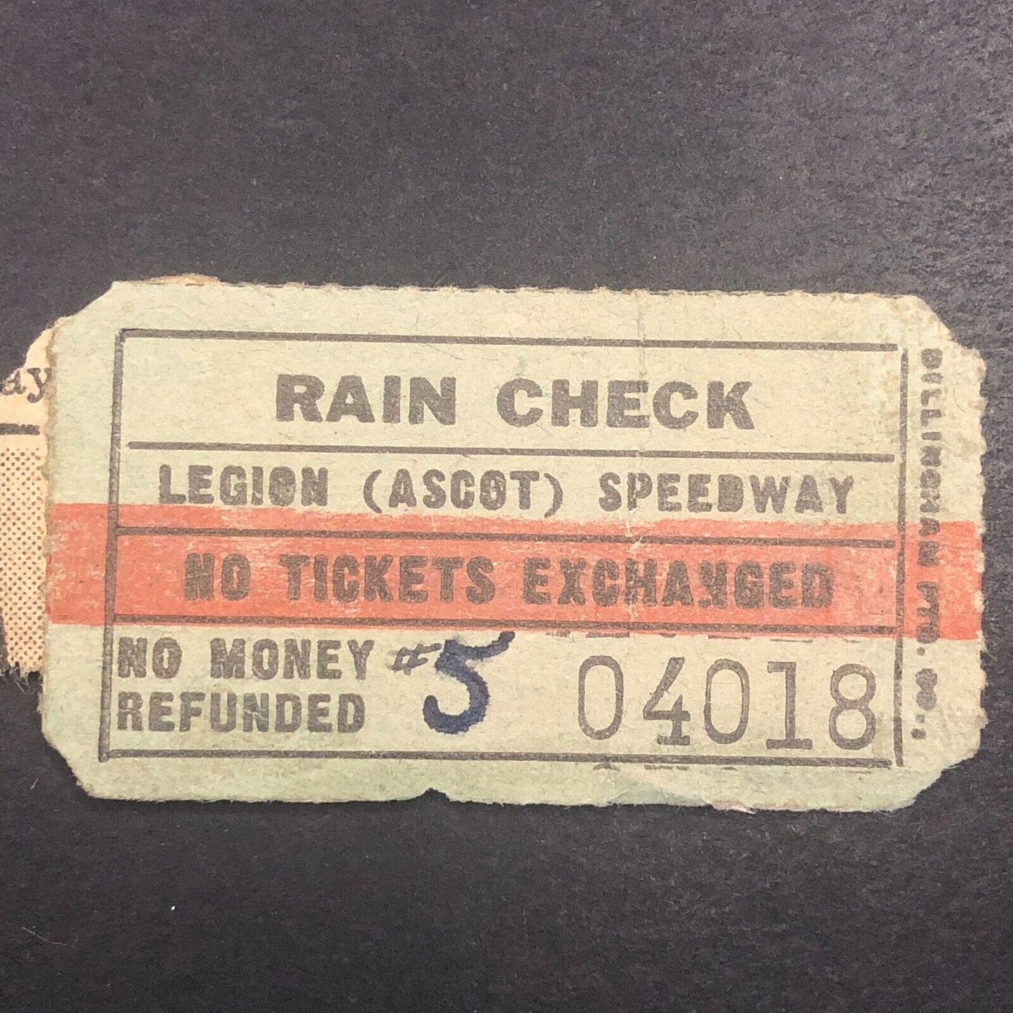 Auto Racing Legion Ascot Speedway Rain Check / Ticket 04018