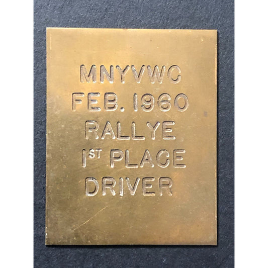 MNYVWC Feb 1960 Rallye 1st Place Driver Brass Auto Racing Wall Plaque
