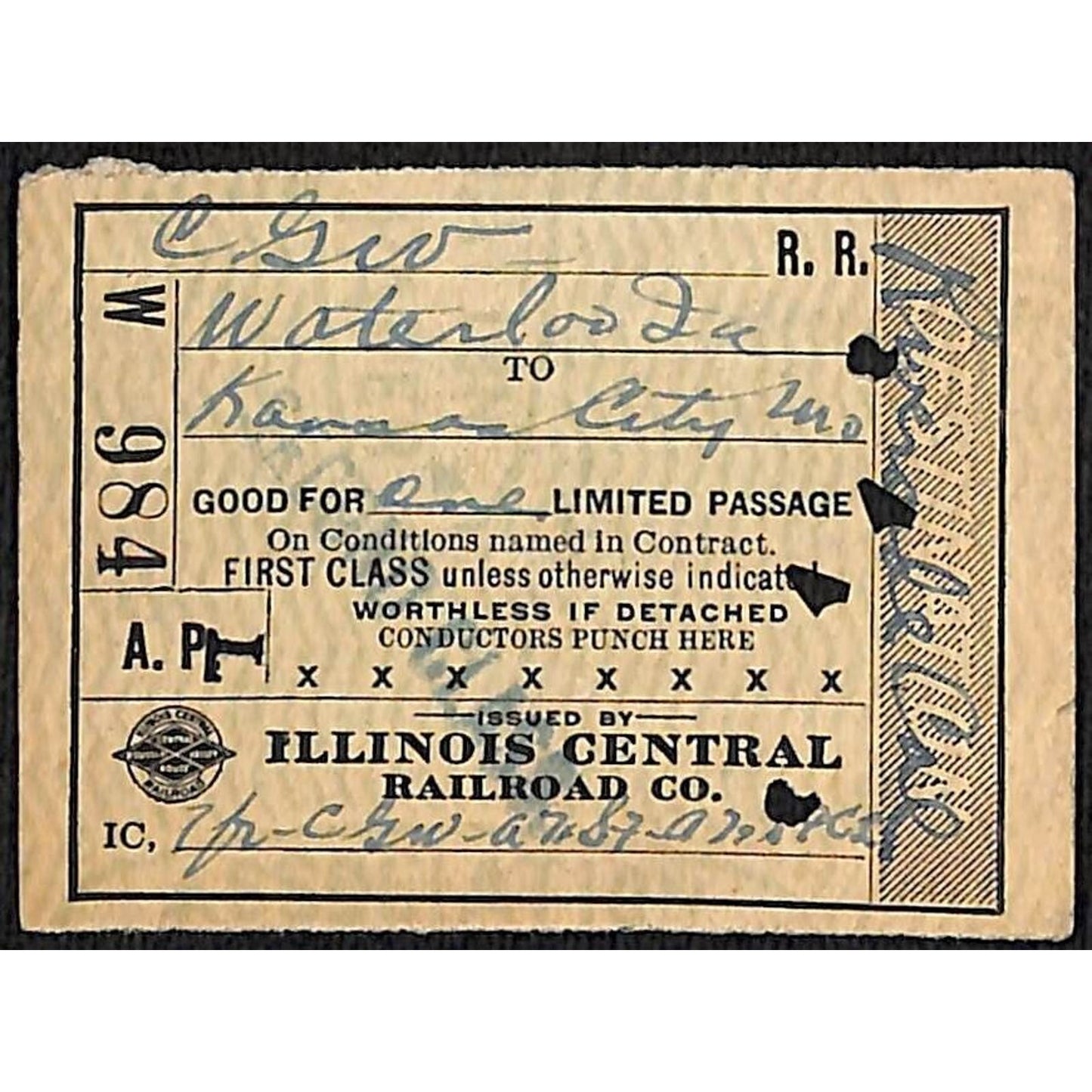 1917 Illinois Central Railroad Ticket CGW Waterloo to Kansas City #984