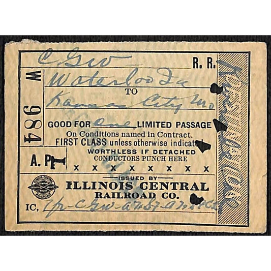 1917 Illinois Central Railroad Ticket CGW Waterloo to Kansas City #984