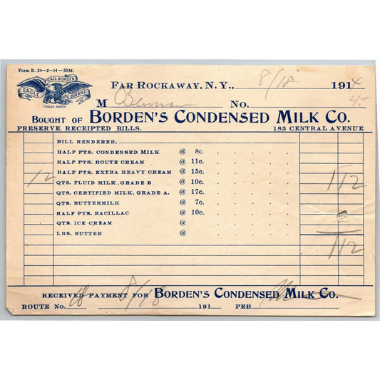 Far Rockaway, NY c1914 Letterhead Billhead Order Form - Borden's Condensed Milk