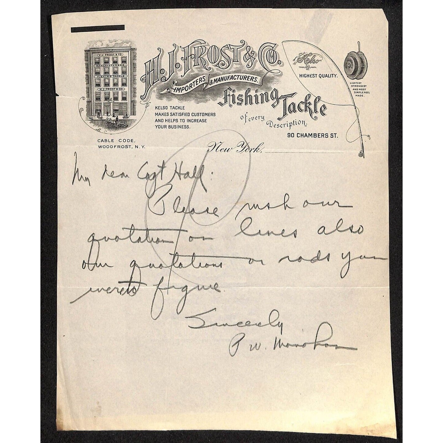 H.J. Frost & Co. Fishing Tackle NYC Chambers St. c1920 Letterhead