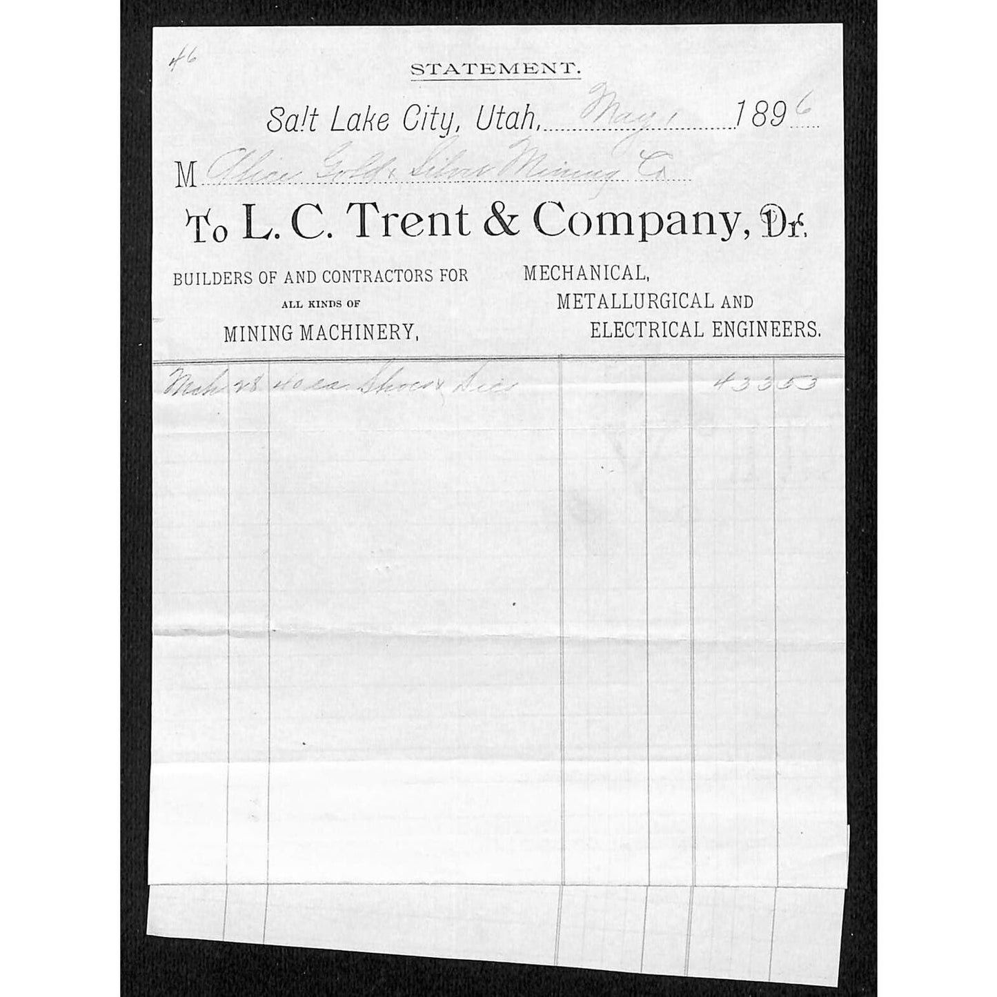 Salt Lake City, UT E.C. Trent & Co. Mining Machinery 1896 Statement Billhead