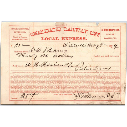 Norfolk & Petersburg Consolidated Railway Line Local Express 1874 Bill of Lading