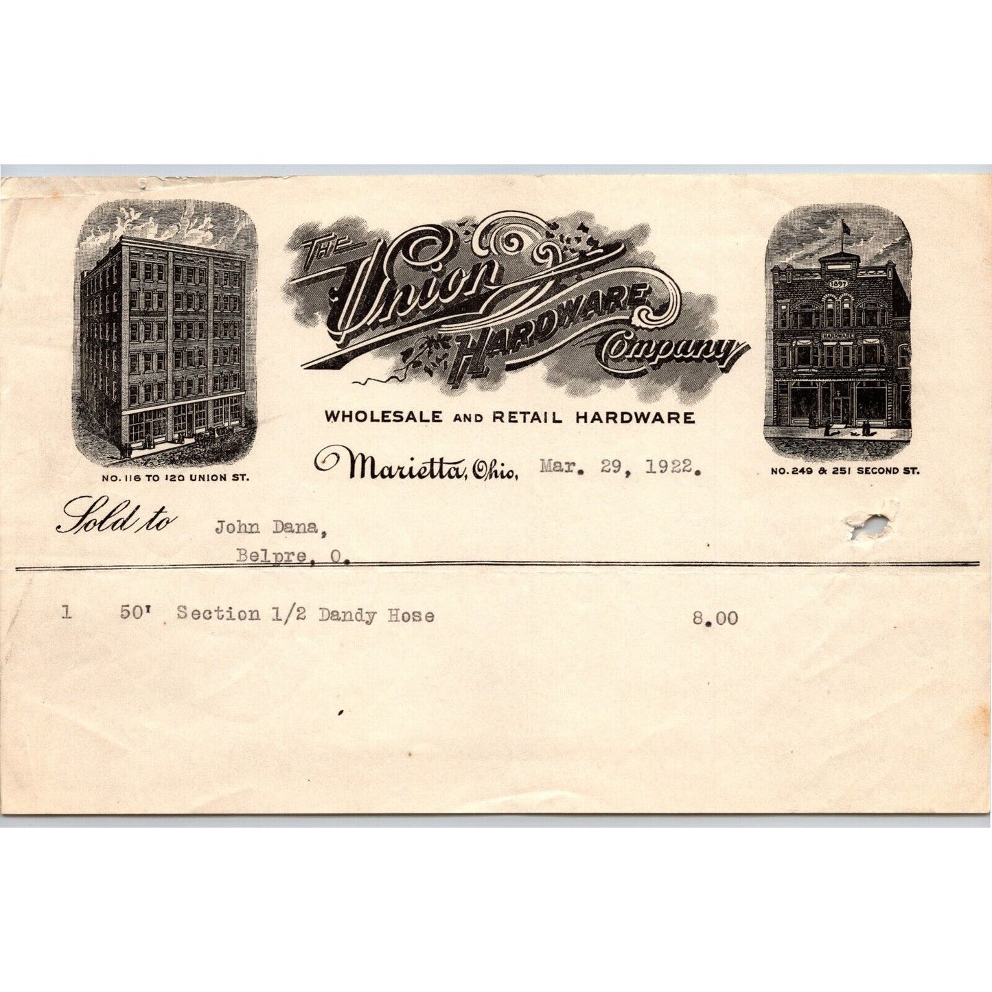 Marietta, OH Union Hardware Company 1922 Billhead