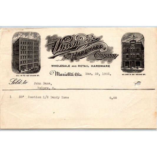Marietta, OH Union Hardware Company 1922 Billhead