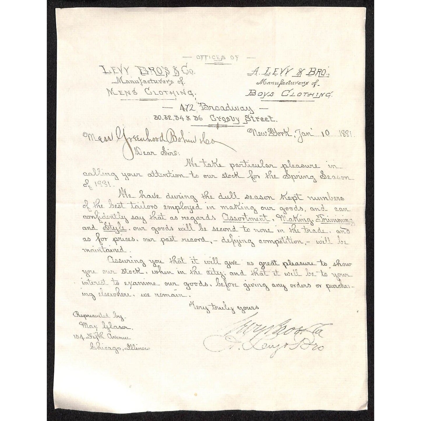 Levy Bro's & Co. Men's Boy's New York City 1881 Lettersheet* Letterhead Scarce