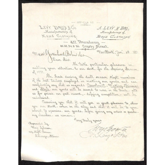 Levy Bro's & Co. Men's Boy's New York City 1881 Lettersheet* Letterhead Scarce