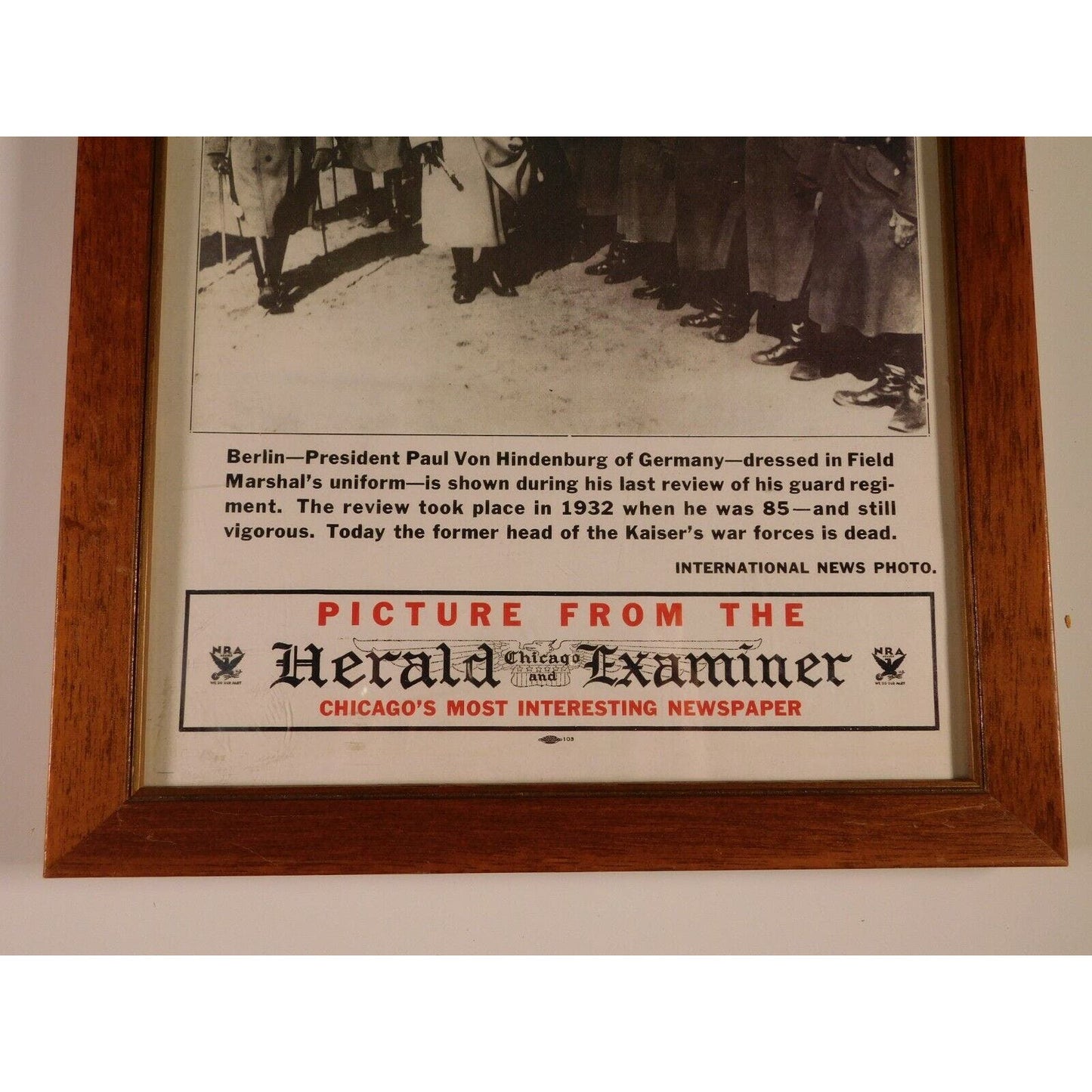 Military Framed Newspaper Insert Berlin's Paul Von Hindenburg's 1932 Last Review