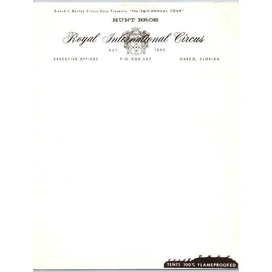 Hunt Bros. Royal International Circus Letterhead c1967 100% Flameproofed Tents