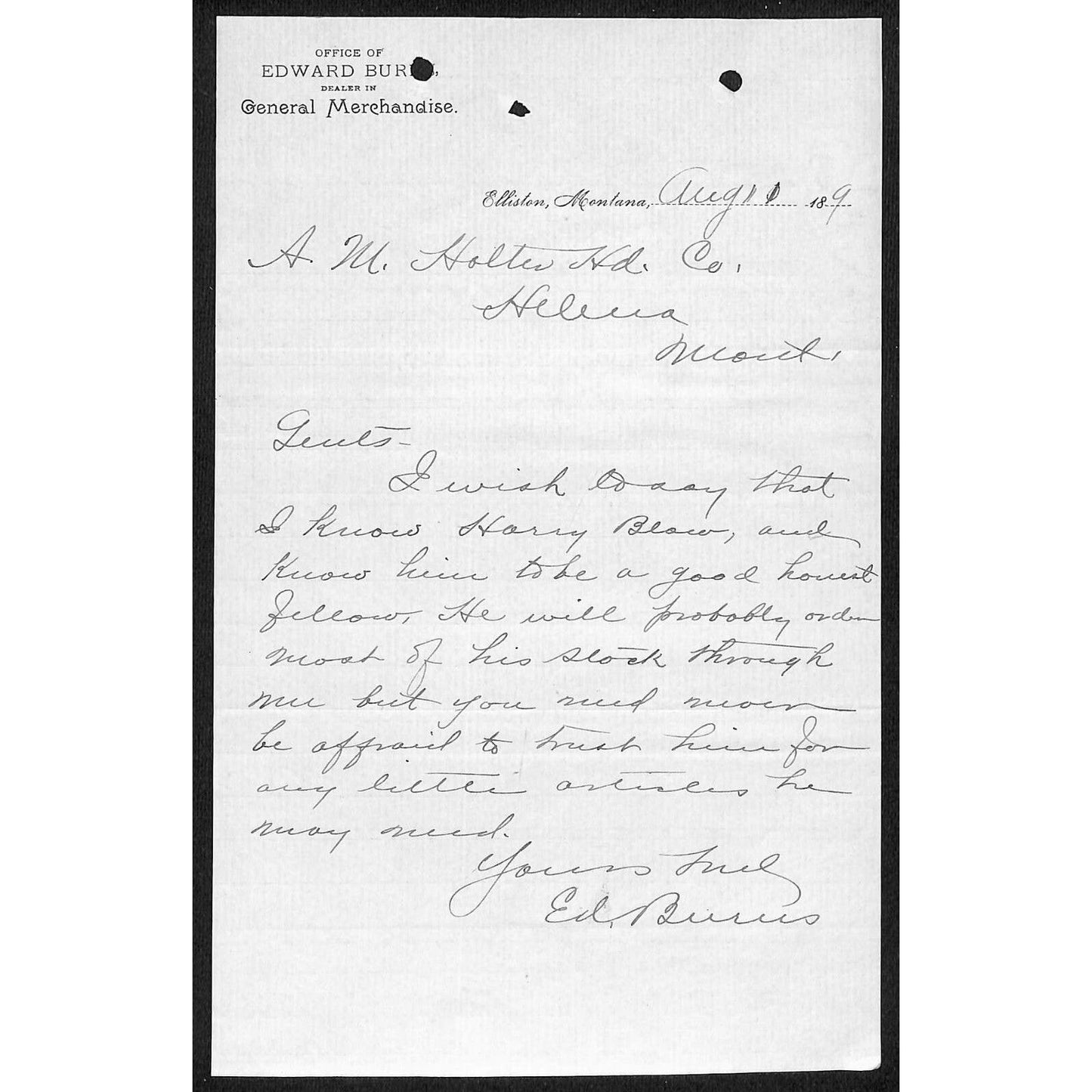 Elliston, MT Edward Burns General Merchandise Aug 11 c1890's Billhead - VGC
