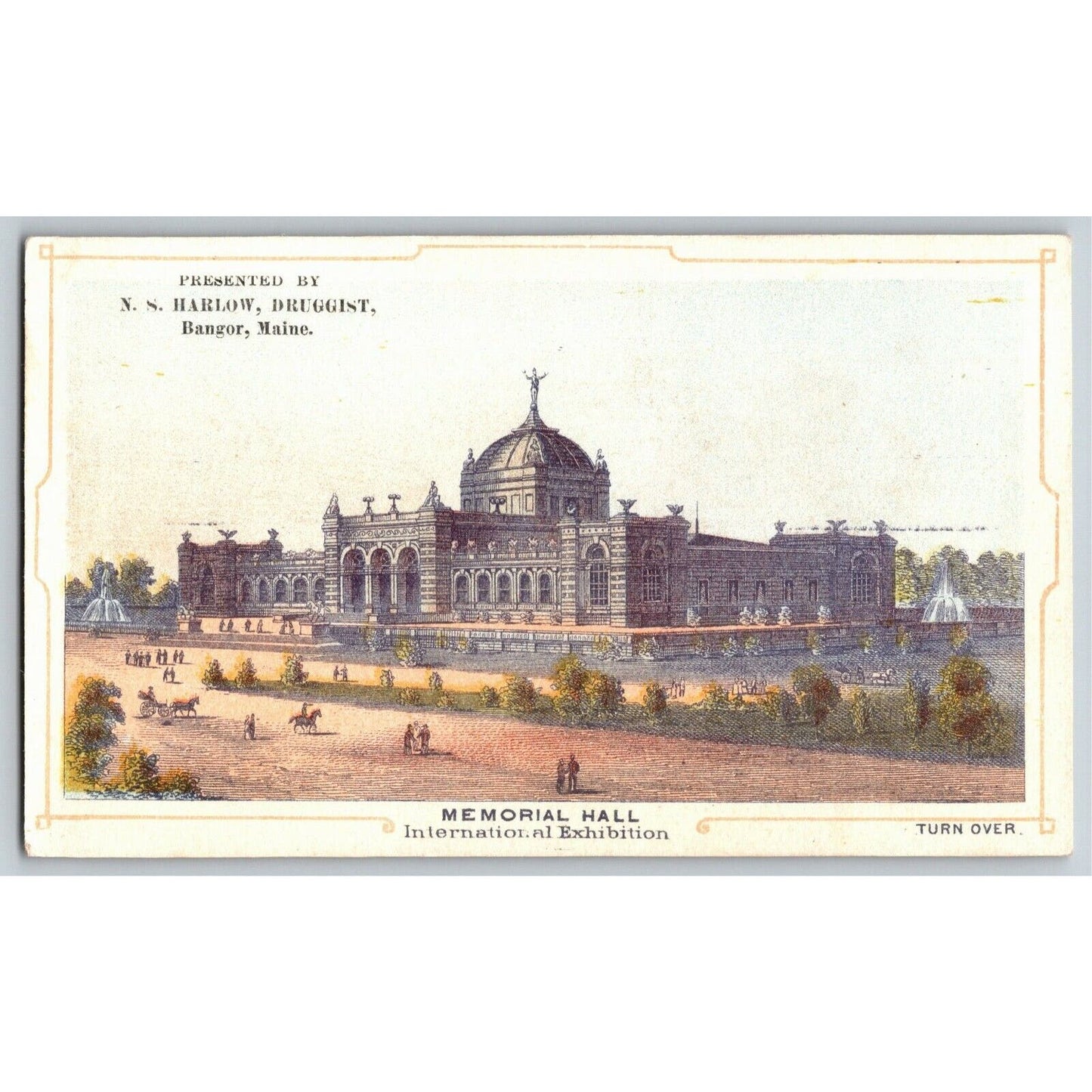 N. S. Harlow, Druggist, Bangor, Maine. Memorial Hall Victorian Trade Card
