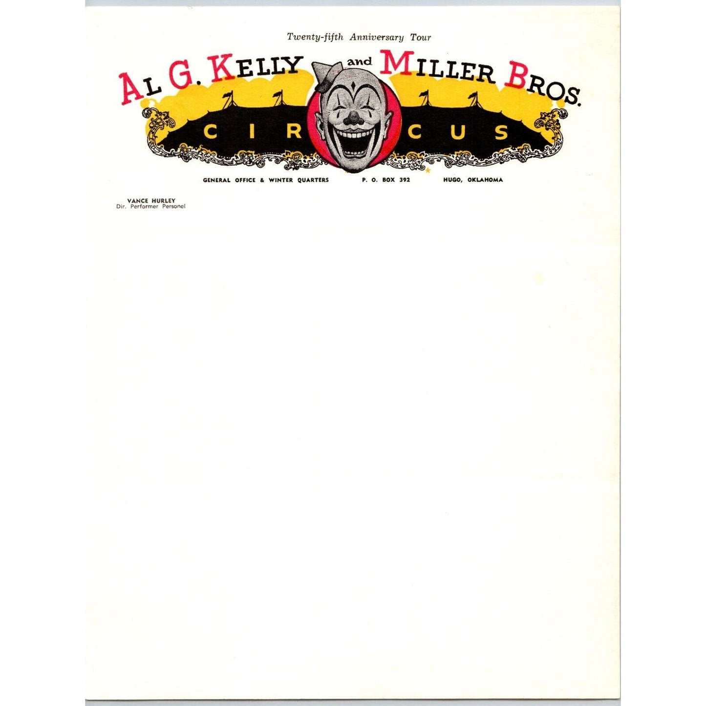 Al G. Kelly and Miller Bros 25th Anniv. Tour Circus Letterhead Tent c1961 Scarce