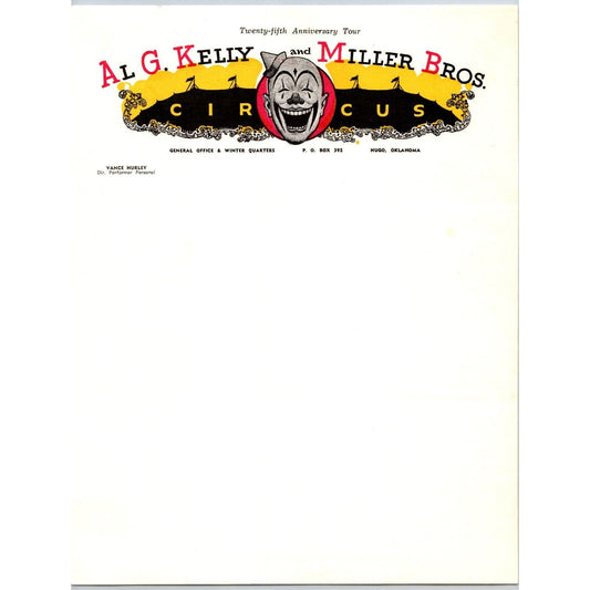 Al G. Kelly and Miller Bros 25th Anniv. Tour Circus Letterhead Tent c1961 Scarce