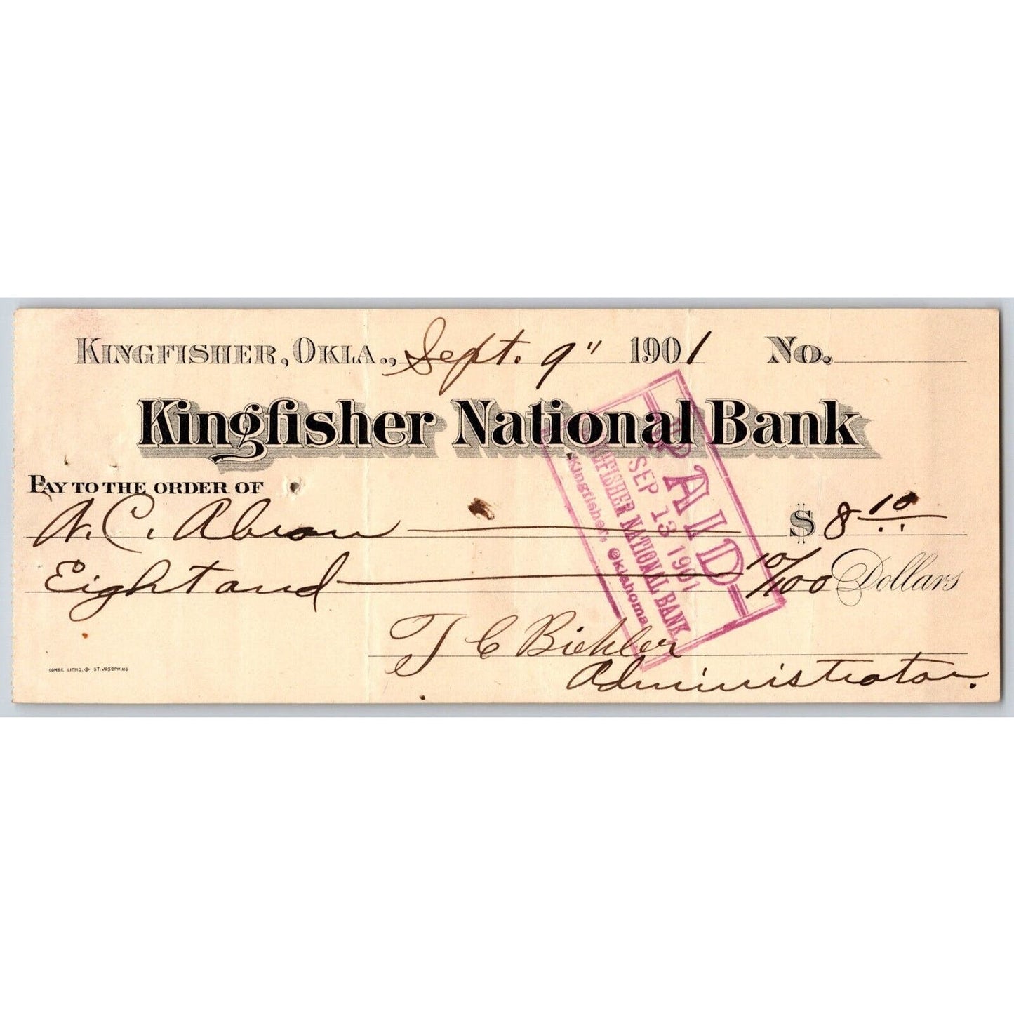 Kingfisher, Oklahoma Territorial 1901 "Kingfisher National Bank" Check - Scarce
