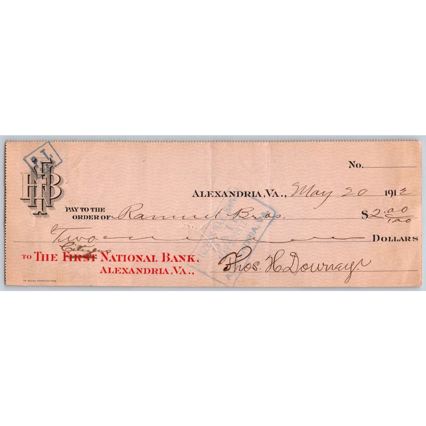 Alexandria, VA 1912 First National / Citizens Bank Check