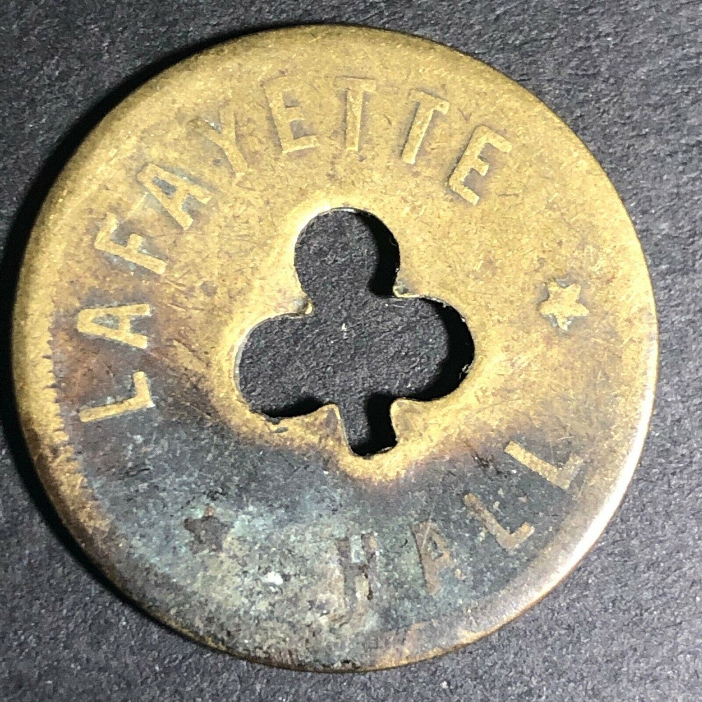 24.5mm Brass Lafayette Hall (Saloon Sacramento, CA) Token Clover Shamrock (#12)