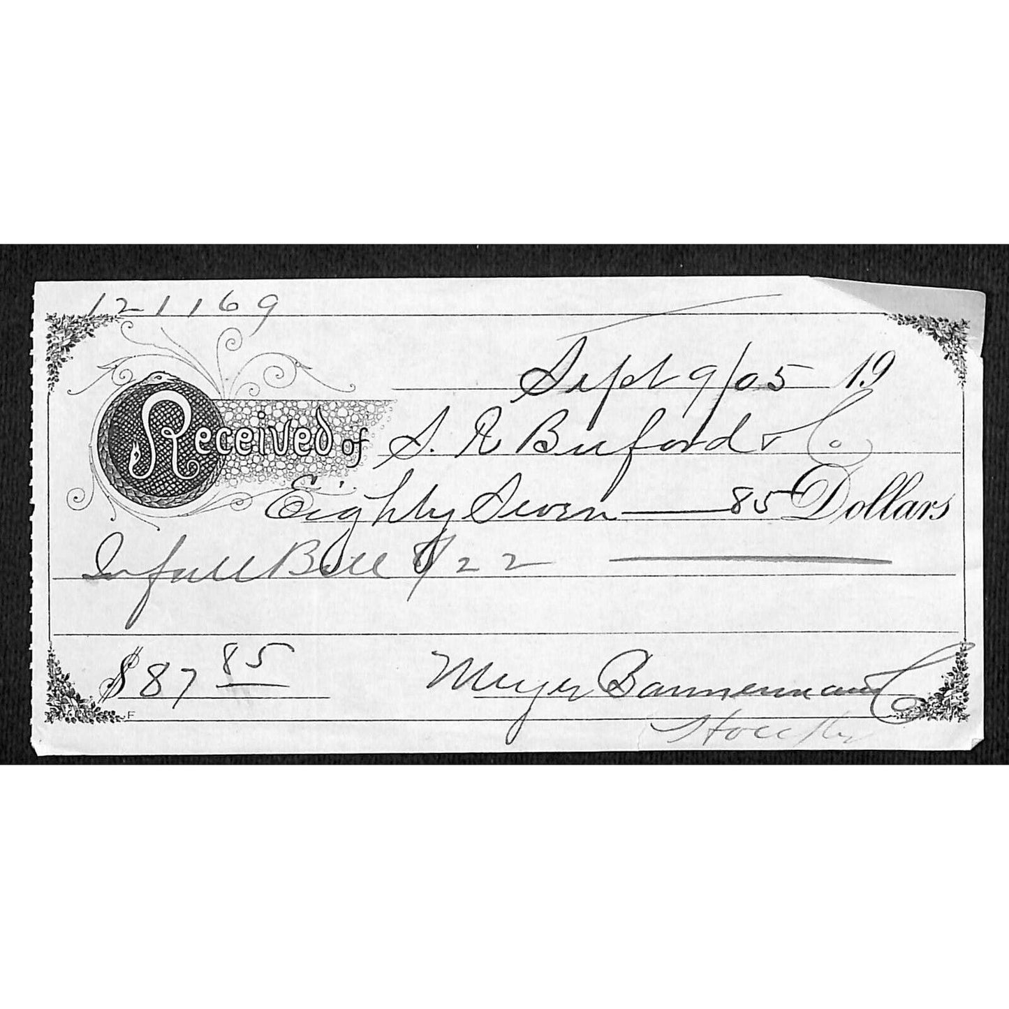 1905 Payment Receipt / Billhead From S.R. Buford In / Near Virginia City Montana