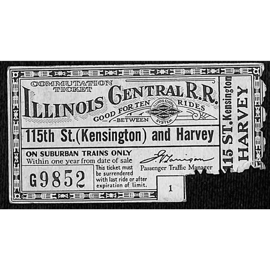 Illinois Central Railroad 10 Ride Ticket Kensington / Harvey 1930 #9852 Scarce