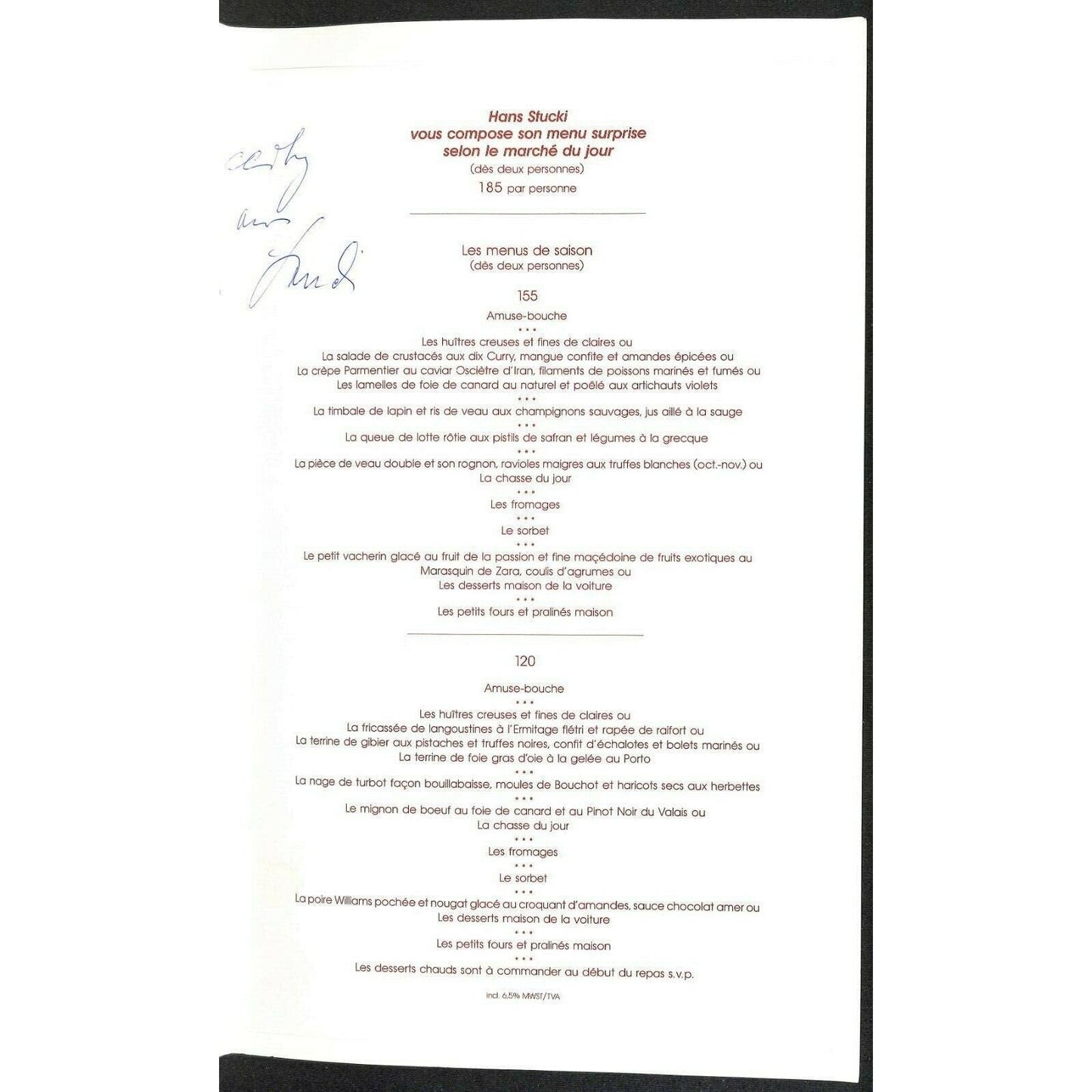 Stucki Restaurant (The Old Bruderholz) La Carte Menu c2008-20?? Signed VGC