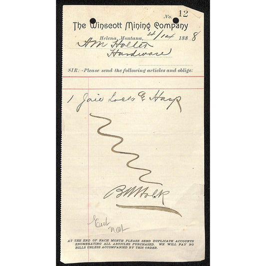 Helena, MT The Winscott Mining Co. 1888 Billhead Scarce