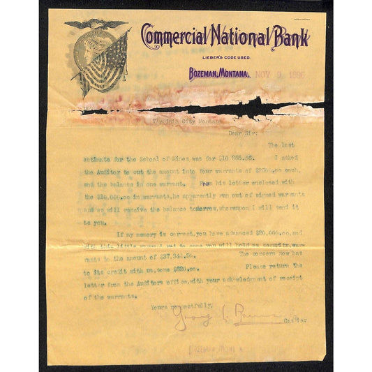 Bozeman, MT Commercial National Bank 1896 Letterhead Flag Eagle Coin Patriotic